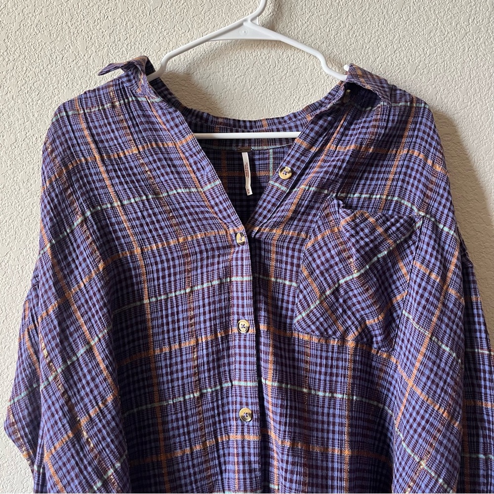 Free People Break My Stride Purple Metallic Plaid Oversized Button Up Shirt M - Picture 5 of 7